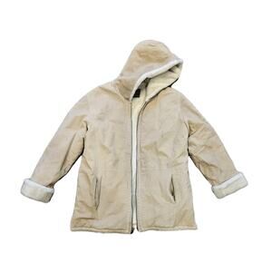 Vtg St Johns Bay Suede Jacket Womens L Beige Coat Faux Fur Lined Pockets Boho